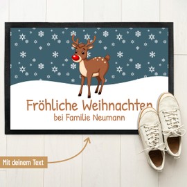 Doormat "Merry Christmas" with Reindeer Motif - for Indoor and Outdoor Use - Non-Slip, Thin & Absorbent - Door Mat - Entrance Area Decoration - Gift for Advent or Christmas, 60 x 90 cm