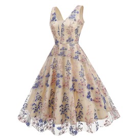 Deep V Neck Floral Embroidery Dress for Women Sleeveless Embroidered Flower Short Homecoming Summer A-line Tulle Prom Dress Vintage Cocktail Wedding Guest Party Evening Dresses Apricot+Royal Blue M