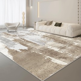 VK·LIVING Washable Rug Modern Area Rug 8x10 Low Pile Bedroom Rug, Thin Living Room Rug with Non Slip Backing No Shedding Large Area Rug Lightweight Abstract Machine Washble Rug for Home, Brown