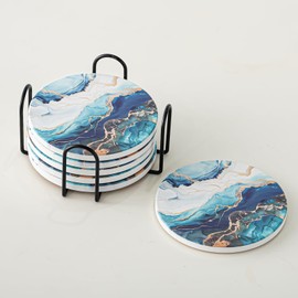 Kedested Ceramic Drink Coasters Set of 6 with Holder, Modern Marble Absorbent Ceramic Coasters, Round Ceramic Table Coasters for Home Decor Coffee Kitchen (4 Inches), Lake Blue