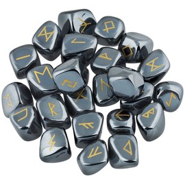mookaitedecor Hematite Runes Stones Set (25 Pieces), Tumbled Gemstone with Carved Rune Words for Fortune Telling, Crystal Healing Reiki