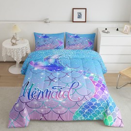 Erosebridal Mermaid Comforter Set Rainbow Blue Mermaid Tail Printed Bedding Full Size for Kids Girls Cute Reversible Stars Bedding Comforter Sets Sparkle Mermaid Fish Scale Bedroom Decor 3Pcs