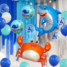 22pcs Ocean Shark Themed Party Decorations, Blue Shark Balloons, Happy Birthday Balloons, Birthday Party, Undersea Balloons Supply