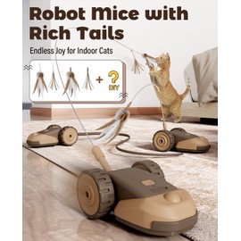 CYROS 3-in-1 Interactive Cat Toy - 2-Speed Automatic Moving Mouse Cat Toys Self Play with 2pcs Hanging Feather String Ribbon and Wiggly Silicone Mice Tail for Bored Indoor Adult Cats Kittens