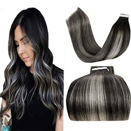 LaaVoo Black Tape in Hair Extensions Human Hair Ombre Off Black to Silver with Black Balayage Tape in Human Hair Extensions for Black Women Skin Weft 22 inch Long 20pcs 50g