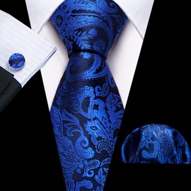 Barry.Wang Conjunto de corbata de hombre con diseño de cachemira tejida, bolsillo de seda, gemelos cuadrados, negocios, boda, Azul Royal, Talla única