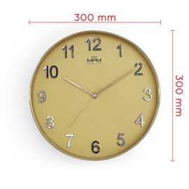 MPM Quality Golden Design Wall Clock, 3D Numerals, Quartz Movement, Sweep, Gold, Modern, Plastic and Mineral Glass, Wall Decoration for Any Room: Bedroom, Office, Kitchen, Living Room, Diameter 300 x
