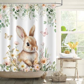 APROPHIC Easter Shower Curtains for Bathroom Decor, Rabbit Spring Floral Bathroom Curtain Set, Eucalyptus Holiday Waterproof Polyester Fabric Shower Curtain with Hooks, Machine Washable, 72x72