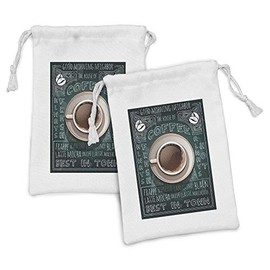Lunarable Coffee Fabric Pouch Set of 2, Cup of Coffee on Menu Best in Town Morning Neighbor Doodle Style, Small Drawstring Bag for Toiletries Masks and Favors, 9" x 6", Dark Green and Brown