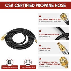 12 FT Propane Quick Connect Hose for RV to Gas Grill, Propane Quick Connect Fittings for 1 LB Throwaway Bottle Connects 1 LB Portable Appliance to RV 1/4" Female Quick Disconnect