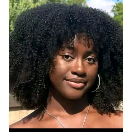 Kinky-Curly Brazilian Human Hair Afro Kinky Curly Short Bang Wig 18inches