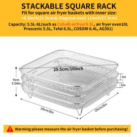 Pack of 13 Airfryer Accessories, Hot Air Fryer Accessories, Grid for Hot Air Fryer, 20 cm Square 304 Stainless Steel Set, Three-Level Shelves, Compatible with COSORI 5.5L/6L, Ninja Max Pro 6.2L