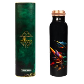 NATURALLY 32 oz Printed Desing Pure Copper Water Bottle for Drinking, Large Handcrafted Ayurvedic Copper Bottle for Office, Hiking, Sports, Gym, Outdoors, Yoga, Health Benefits (Black)
