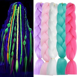 Ms Aloe Glowing Braiding Hair Rainbow Braiding Hair Colorful Luminous Kanekalon Box Braids Multi Color Braiding Hair Glow in the Dark Hair Extensions