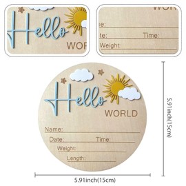 Baby Announcement Sign, ​5.9 Inch Wooden Hello World Newborn Signs, Birth Announcement Sign, Sky, Sun and Clouds Decoration, Welcome Newborn Arrival To World, Hospital Nursery for Baby
