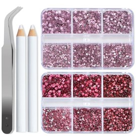 Bymitel 7200 Pieces Pink and Fuchsia Rhinestones Flat Back 6 Mixed Sizes Crystal Round Glass Gems with Tweezers and Picking Rhinestones Pen