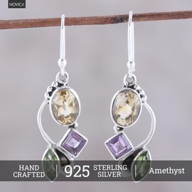 NOVICA Artisan Crafted Sterling Silver Multi Gemstone Dangle Earrings | Long French Wire | Amethyst | Peridot | Citrine | Multi Birthstone | India ' Sun with Violets' 1.7" L x 0.4" W x 0.2" D