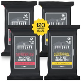 The Nobleman 4-Pack Face + Body Aloe Infused Cleansing Wipes: 2 Charcoal Packs with Chamomile and 2 Refreshing Packs with Grapefruit (120 Ct.), CharcoalRefreshing
