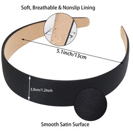6 PCS Black Satin Headband 1.2 Inch Wide DIY Headbands Non-Slip Head Bands Girls Hairbands Alice Headbands for Women and Girls