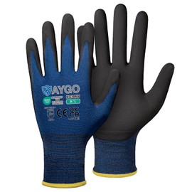 KAYGO KG18N Work Gloves Men Women 3 Pairs Micro Foam Nitrile Coated Breathable Nylon Protective Gloves, Non-Slip Grip Lightweight Oil Resistant, Ideal for Car Work, KG18N (Navy Blue, L, Size 9)