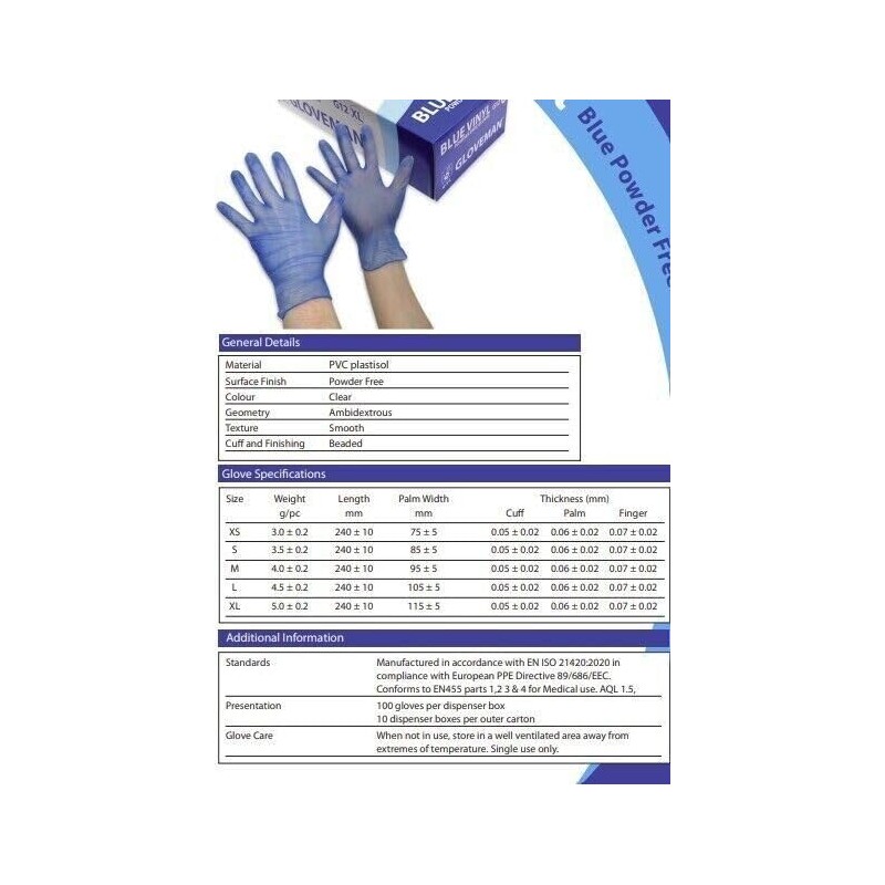 GLOVEMAN Blue Vinyl Gloves, Powder & Latex Free, 100 Gloves