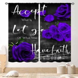 TKUYO Rose Floral Curtains, Romantic Purple Flower Rose Inspirational Quotes Valentine's Day Romance Modern Blackout Window Drapery Treatments for Bedroom Living Room Apartment Bathroom, 42"x45" Inch