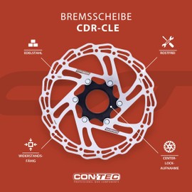 CONTEC CDR-CLE Bicycle Brake Disc 180 mm 185 g, Aluminium Spider, Centre Lock, E-Bike Compatible, Stainless Steel, Heat-Resistant, Easy Assembly, Silver