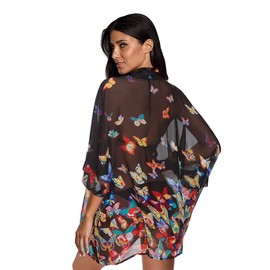 Women's Loose Print Sheer Chiffon Kimono Beach Swim Cover up Cardigan Capes Blouse Tops Black Butterflies