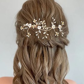Campsis Wedding Flower Hair Clips Gold Bridal Shiny Crystal Headpiece Ceramics Floral Pearl Hair Accessories Bridesmaid Wedding Prom First Communion Birthday Photography for Girls and Women