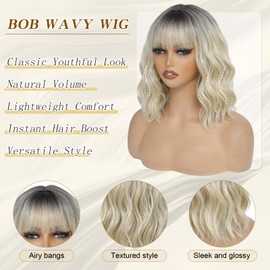 Blonde Wigs With Bangs Short Wavy Wig for Women 14 Inch Ombre Blonde Curly Shoulder Length Bob Wigs Synthetic fiber Hair for Daily Party Use