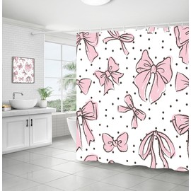 Mkikejoy Pink Bow Knot Shower Curtain for Kids Teens Bathroom Decor with 12 Plastic Hooks 72 x 72 Inch