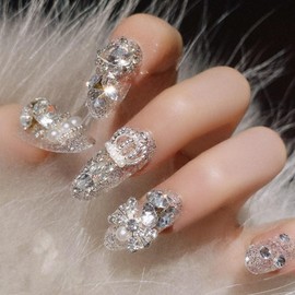 Luxury Rhinestones Press on Nails Oval Medium Fake Nails Silver Glitter Pearls Acrylic Nails Press ons 3D Charm Bow Decoration Glue on Nails for Women 24 Pcs