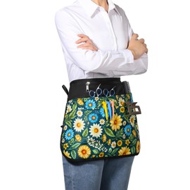 Bafelia Barber Apron with 6 Pockets, Waterproof and Bleach-proof Hair Stylist Apron for Men Women,Hairdresser Apron for Cosmetology (Green Flowers)