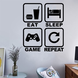 Eat Sleep Game Repeat Wall Decal, Gamer Wall Stickers Murals, Removable Vinyl Cute Controller Art Design Gamers World Wall Decor for Teen Kids Boys Bedroom Playroom Home Decoration Wallpaper