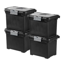 Sterilite Portable File Box, Stackable Storage Bin with Latching Lid and Handle, Plastic Container to Organize Papers in Home, Office, Black, 4-Pack