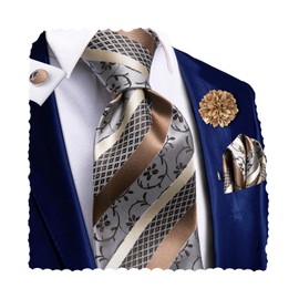 Hi-Tie Mens Silk Ties Lapel Pin Handkerchief Cufflinks Set Striped/Paisley/Floral Necktie Sets Wedding Business Party,Brown Floral