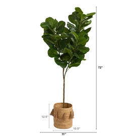 Nearly Natural 6ft. Fiddle Leaf Fig Artificial Tree in Handmade Natural Jute Planter with Tassels