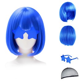 Wig for Women - Colourful Bob Wig with Party Sunglasses, Cosplay Party Wigs, Funny Wigs for Women (Includes Hair Net) (Blue)