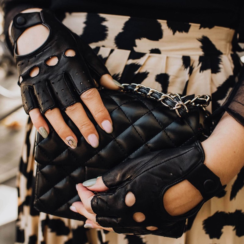 Harssidanzar Lady GL012 Fingerless Leather Gloves Sheepskin Single Line Half