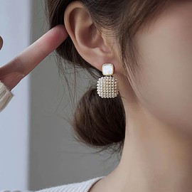 Inateannal Vintage Square Pearl Dangle Earrings Gold Pearl Cluster Earrings Enamel Square Stud Earrings Tiny Pearl Drop Earrings Geometric Square Earrings