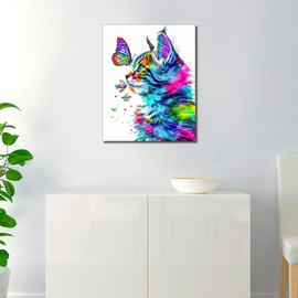 Colorful Cat Paint by Numbers Colorful Cat and Butterflies Paint by Number Kit for Adults Beginner with Painting Brush and Acrylic Pigment Arts Craft for Home Wall Decor 16x20 Inch Without Frame