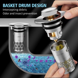 Upgraded Bathroom Sink Plug, 304 Stainless Steel Pop Up Drain Strainer, Metal Drain Plug, Universal, Sink Plug, with Filter Strainer, Drain Plug for Bathroom, Sink and Kitchen, Silver (33-40 mm), Pack