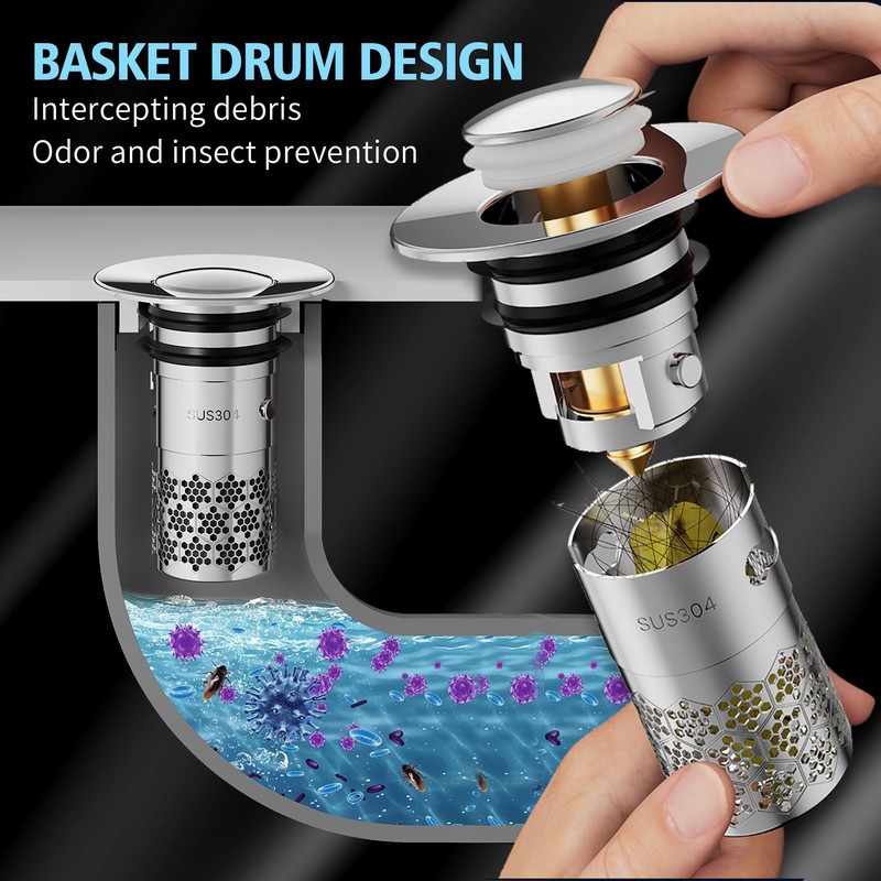 Upgraded Bathroom Sink Plug, 304 Stainless Steel Pop Up Drain
