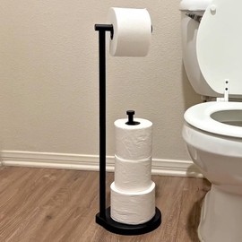 theaoo Heavy-Duty Toilet Paper Holder Stand – Modern Freestanding Bathroom Toilet Tissue Paper Roll Holder with Reserve & Storage, Stainless Steel (Gold, Free Standing)