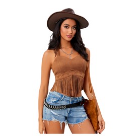 BEAUDRM BEAUDRM Women's Y2K Fringe Halter Western Cowgirl Tie Tank Top Tassel Rivet Faux Suede Hippie Crop Top 70s 60s Vintage Brown Solid Small