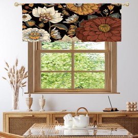 MitoVilla Black Boho Kitchen Curtains Valances, Bohemian Floral Pattern Semi Sheer Kitchen Valances for Living Room, Rod Pocket Short Window Treatment Decor, 52x18