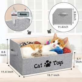 LOVSTORAGE Large Cat Toy Box Cat Toy Storage Basket 2X Thicker Foldable Sturdy Pet Toy Storage Bin Bed for Organizing Pet Toys Treats Clothes and Accessories(Grey)