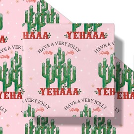 RUSPEPA Cowboy Christmas Wrapping Paper Roll for Girls, Mini Roll, Western Cactus and YEHAAA Text Design, Pink Gift Wrap for Kids, Friends, Christmas, Holiday, Western Party, 17 Inches x 16.4 Feet