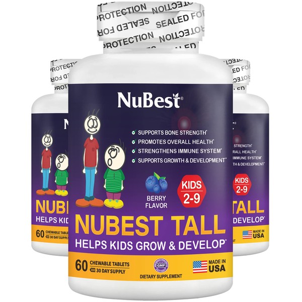 NuBest Tall Kids - Helps Kids Grow & Develop Healthily - Immunity & Bone Strength Support - Multivitamins & Minerals for Kids Ages 4 to 9-60 Chewable Berry Tablets - 3 Pack | 3 Months Supply
