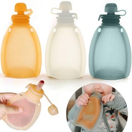 Reusable Silicone Food Pouch for Baby and Toddlers, Squeezable Pouch, Squeeze Pouch, Easy Clean Silicone Pouch for Pre-K and School, Homemade Baby Food Storage, 4oz (Orange-Green-White 3 Pack)